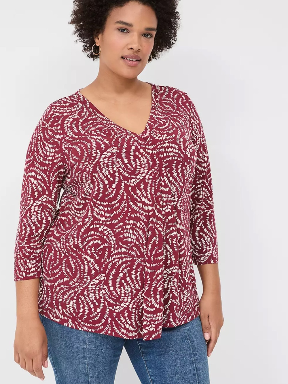 Lane Bryant Womens 3/4 Sleeve Swing Pleat Front Top Size 26/28 Burgundy Casual